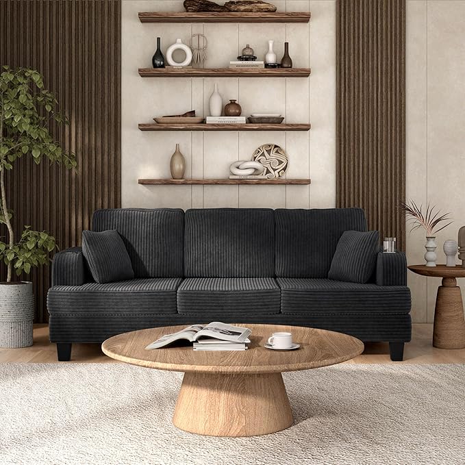 Homes: Inside + Out Reese Modern Plush Chenille Couch with Side Pockets Cup Holders and USB Ports Wooden Comfortable Sofa for Living Room Bedroom and Office Dark Grey