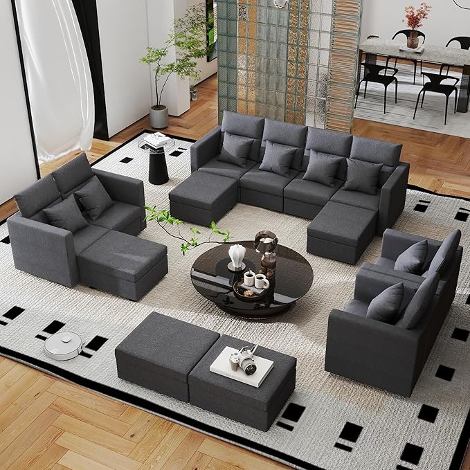 L Shaped Sectional Couch: Grey Modular Sectional Sofa with Ottoman Modern Linen Seater Couch Comfy Cloud Couches for Living Room and Apartment (82-3 Seat &amp Ottoman)