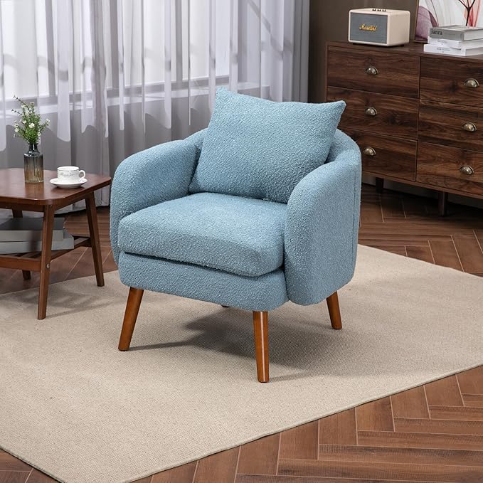Mid Century Lounge Armchair with Boucle Fabric Solid Wood Legs and Comfortable Cushions Ideal for Bedroom and Living Room Reading and Relaxing (Light Blue)
