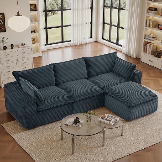 110 Sectional Couches for Living Room Boneless Couch Upholstered Cloud Couch Sectional Modular Sectional Sofa with L Shaped (Corduroy-Dark Grey 3 Seat+1 Ottoman)