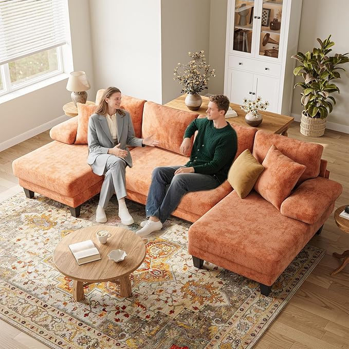 Txtin's Sleeper Sofa with Pull Out Couch Bed | 112 Inch Couches for Living Room | U-Shaped Convertible Sofa Bed | Chenille Orange