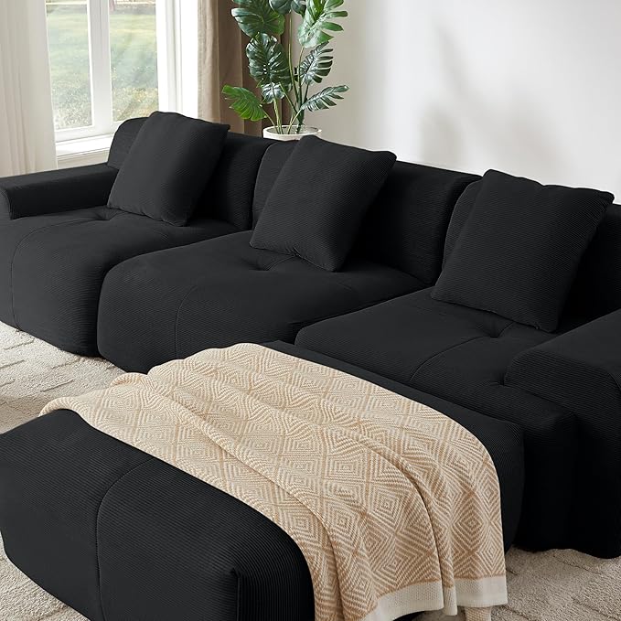 113 Cloud Compressed Modular Sectional Sofa Boneless Couch for Living Room Modern Corduroy Upholstered L-Shaped Corner Couch with Reversible Ottoman for Apartment | Deep Seat Wider Armrest Free Co