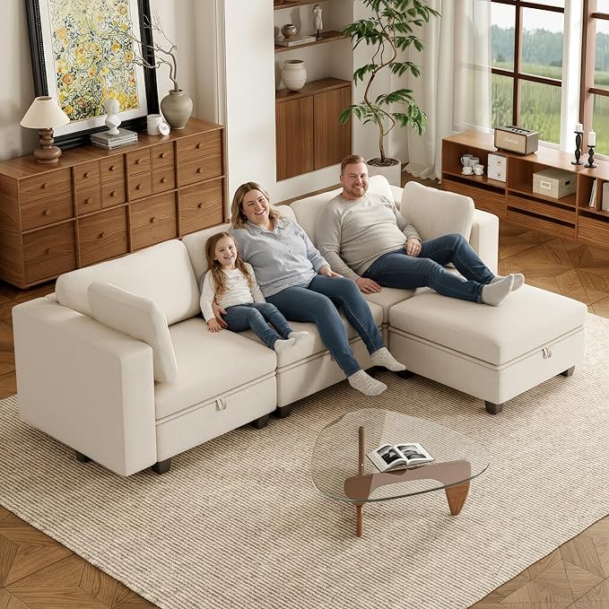 Modular Sectional Sofa Oversized L Shaped Sectional Couch with Storage Ottoman Modular Couch with Large Deep Seat Comfy Convertible Sectional Couches for Living Room and Apartment Beige