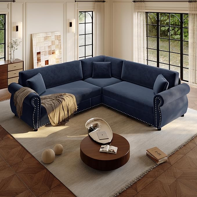 88.2 Sleeper Sofa Bed Sectional Couches for Living Room/Apartment Chenille L Shaped Couch with Pull Out Couch Bed Convertible Sectional Sofa with Rolled Arm &amp Nailhead Trim Blue