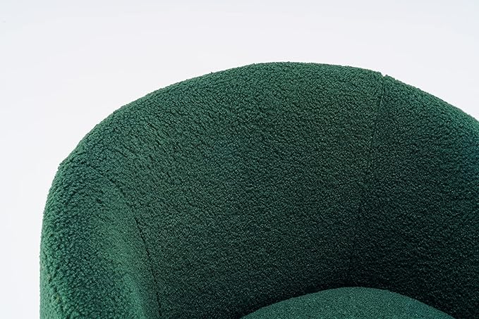 Swivel Accent Armchair Dark Green Teddy Upholstered Barrel Chair with Metal Ring Cozy Reading Chair for Living Room Bedroom Dorm