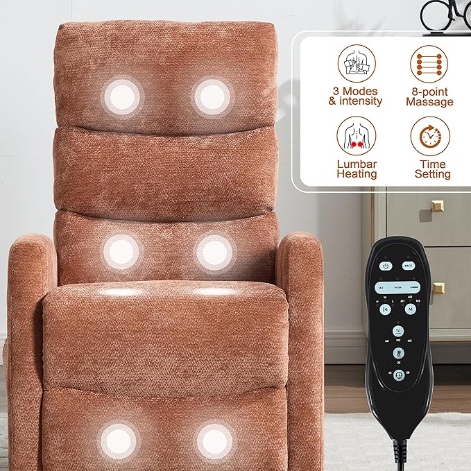 Luxlen Manual Swivel Rocker Recliner Chair with Massage Overstuffed Recliner Glider with Vibration Massage and Heat for Nursery Living Room Reclining Sofa Chair Fabric Orange