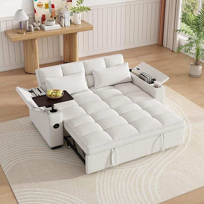 Dreamzie 65'' 3 in 1 Convertible Sleeper Sofa Bed Chenille Pull Out Couch for Living Room with 90° Swivel Side Table Loveseat Sleeper with Charging Port | Side Pocket | Cup Holders Beige