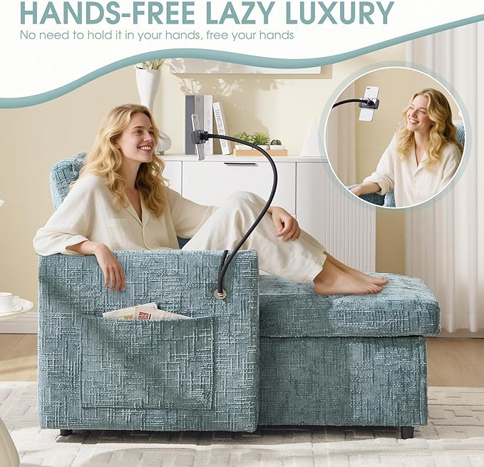 HOMEFUN Sleeper Chair Bed Lazy-Friendly Indoor Chaise Lounge with Storage Cell Phone Bracket Multifunctional Sofa for Bedroom Living Room Small Space Adults