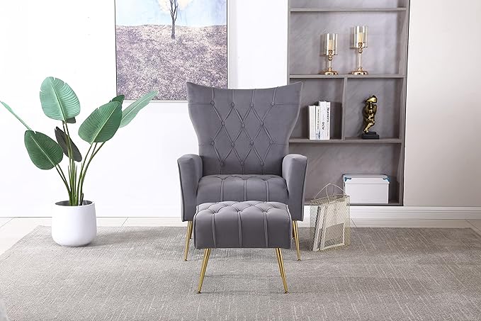 Modern Accent Chair with Ottoman Comfortable Armchair for Living Room Bedroom Apartment Office (Grey)