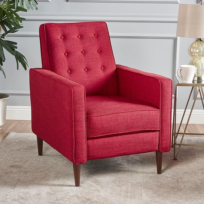 Mid-Century Fabric Rocker Recliner Chair with Tufted Design Adjustable Single Recliner Sofa with Thicker Seat Cushion with Pocket for Living Room Bedroom Apartment (Red Style1)