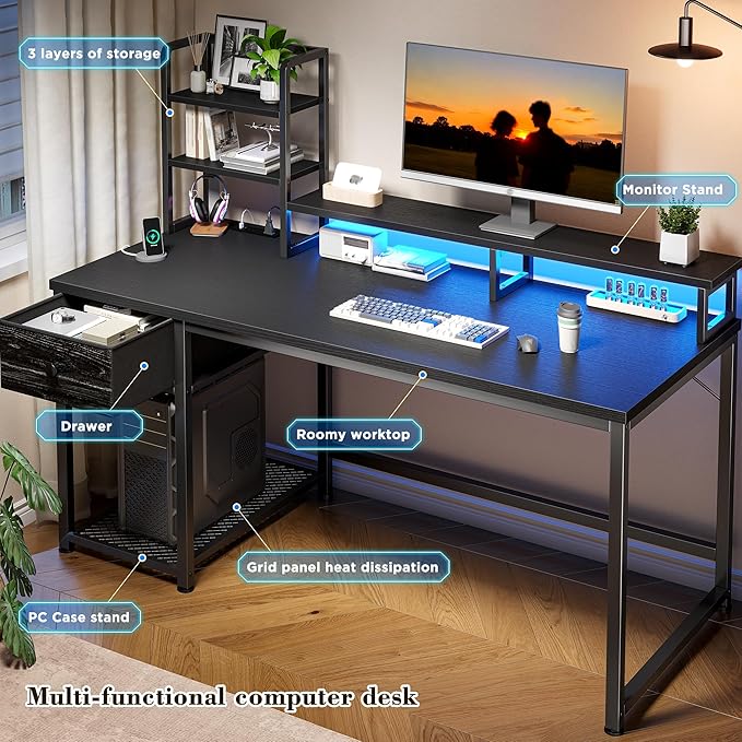 44 Inch Gaming Desk with Hutch and DrawersReversible Computer Desk with Monitor ShelfHome Office Desks with USB Power Outlets and StoragePc Small Gaming Desk for Office with LED LightsBlack