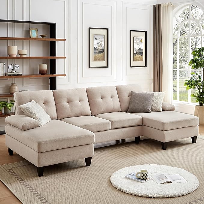 111 Sectional Couch for Living Room Modern Polyester Fibre U Shaped Sofa Couches with Double Chaise Upholstered 4 Seater Sofa for Living Room Apartment Office Beige