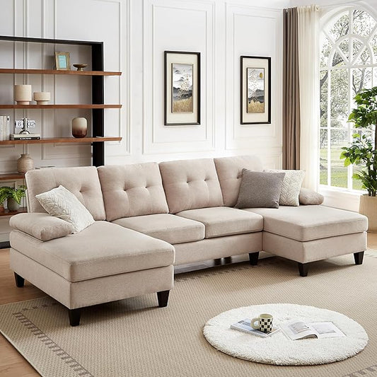 111 Sectional Couch for Living Room Modern Polyester Fibre U Shaped Sofa Couches with Double Chaise Upholstered 4 Seater Sofa for Living Room Apartment Office Beige