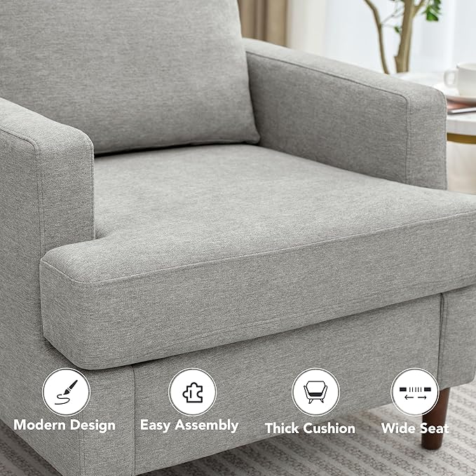 Mid-Century Accent ChairModern Linen Fabric Armchair for Living RoomComfy Upholstered Reading Accent Chairs for BedroomSingle Sofa Chair with Wood Legs (Light Grey 1 Pack)
