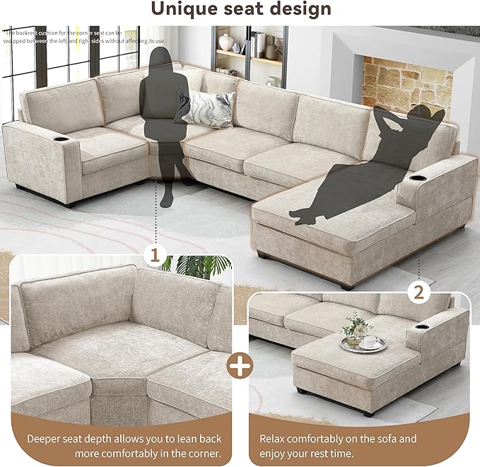 119*67 U Shaped Sectional Sofa6 Seat Chenille Corner Couch Set with Oversized Chaise LoungeIrregular Corner Deep and Wide Seat Comfy Sofa with Cup Holders for Living RoomApartment (Beige-V33)