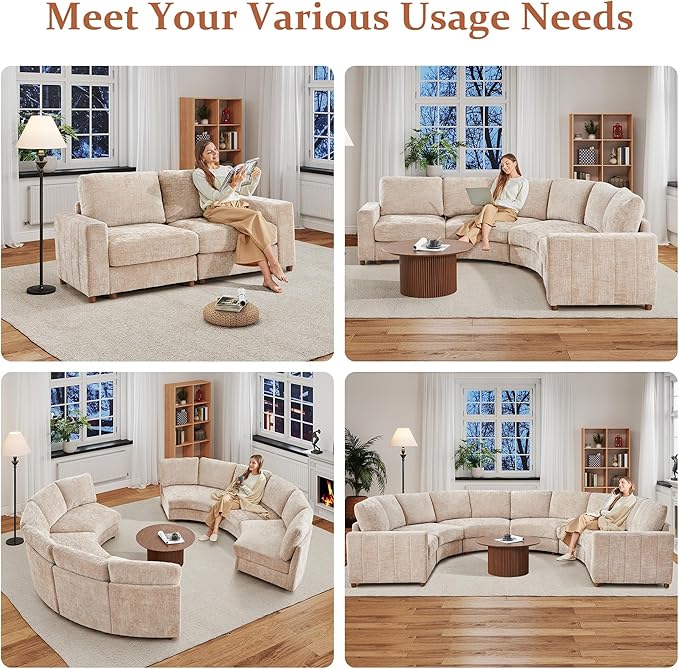 ORRD Curved Sectional Sofa Convertible L Shaped Couch with Deep Seat Boucle Modular Sectional Sofa with Pillows Curved Chenille Comfy Corner 4 Seat Couch for Living Room Beige