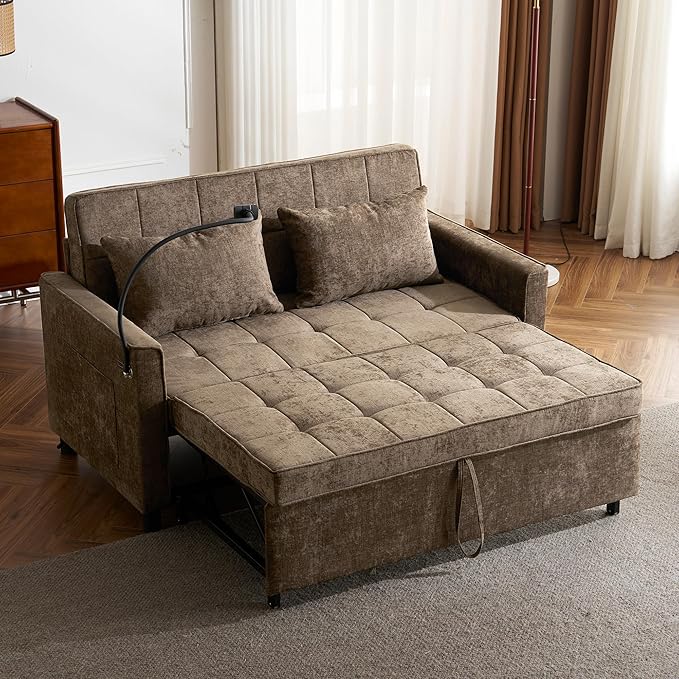 56.9 Loveseat Pull-Out Sofa Bed Chenille Sleeper Sofa Couch with a Reversible Backrest Cushion Side Pockets Two USB Ports and a Phone Holder for Living Room (Brown1)