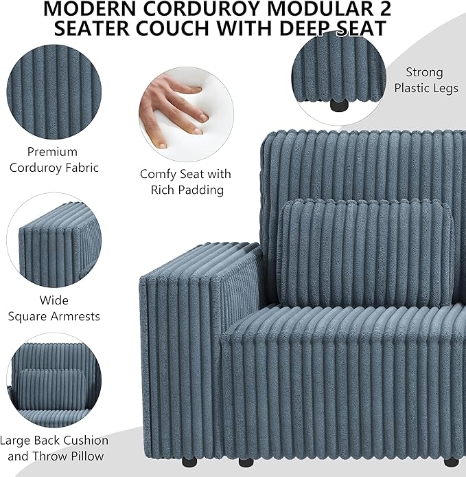 mikibama 2 Piece Sofa Couch Set for Living RoomModern Corduroy 2 Seater Loveseat Couches Set of 2 with Deep SeatModular Sectional 2PC Sofa Set for ApartmentDorm Room (Grey Blue 2PC Loveseat)