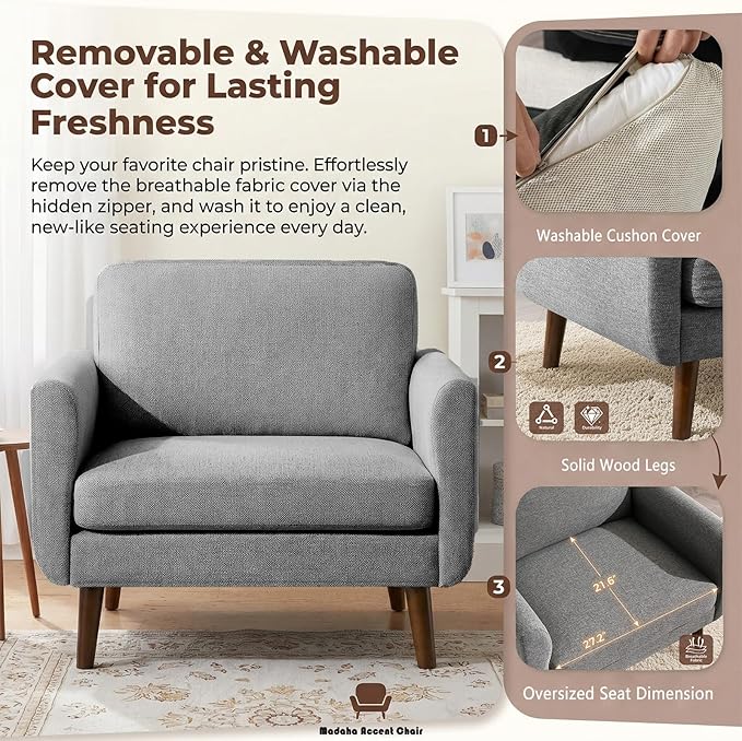 Oversized Accent Chair for Living Room 37 Mid-Century Modern Comfy Reading Chair Linen Fabric Solid Wood Frame Armchair Upholstered Grey Accent Chairs for Adults Living Room Chairs