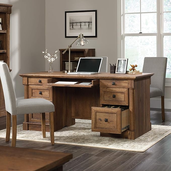 Sauder Palladia Executive Desk 29.5D x 65.1W x 29.61H Vintage Oak finish