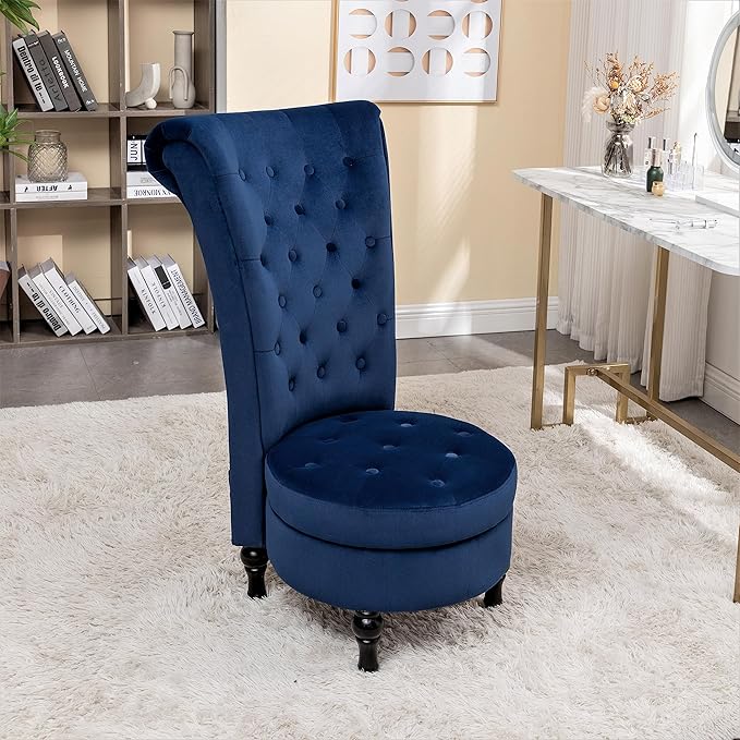 Royal High-Back Velvet Accent Chair for Vanity with Storage and Luxurious Upholstery Retro Design and Versatile Usage for Living Room Bedroom Lounge and Office Dark Blue