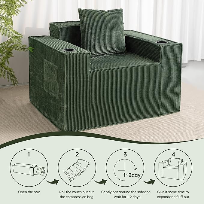 Cloud Single SofaChaise Lounge Chair with Cup Holder &amp Side PocketElevated Seat HeightNo Assembly RequiredBoneless Corduroy Chair for Small SpaceBedroomOffice (Green Single Sofa)