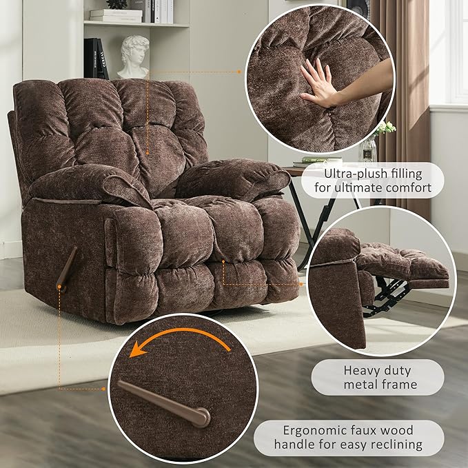 Oversized Recliner Chair Overstuffed Swivel Rocker with Extra Wide Seat &amp Breathable Fabric for Living Room (Manual Brown)