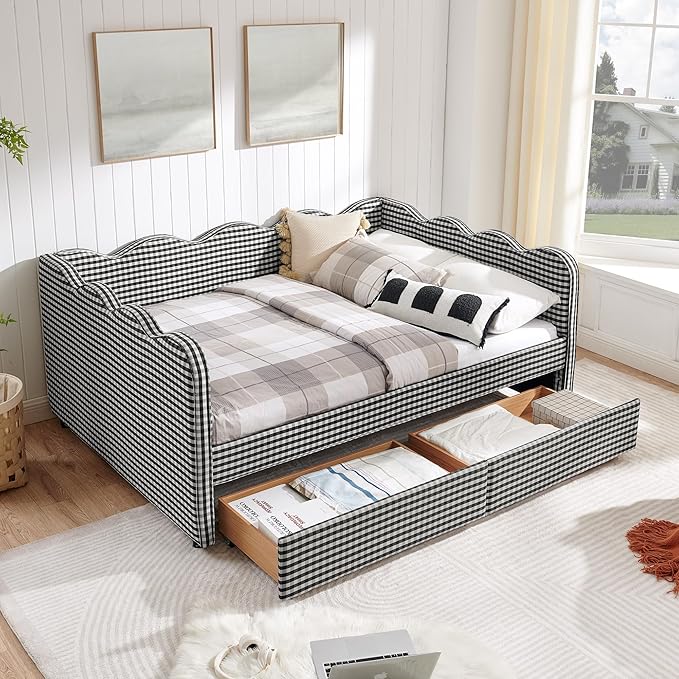 Cozy Gingham Daybed with Trundle Twin Size Sofa Bed No Box Spring Needed with USB Port and Adorable Wave Shaped Linen Fabric Navy (Black+Full+2 Drawers)