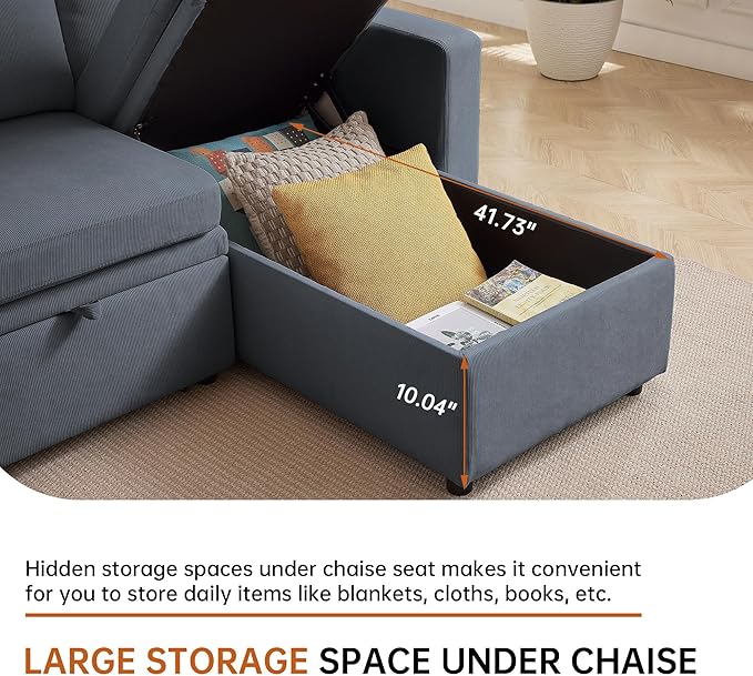 Sleeper Sofa Bed Convertible L Shaped Sofa | Pull Out Bed with Reversible Storage Chaise | Layered Storage | Side Pockets | 3-Seater Comfy 79 Sectional Pullout Couch for Living Room Dark Grey