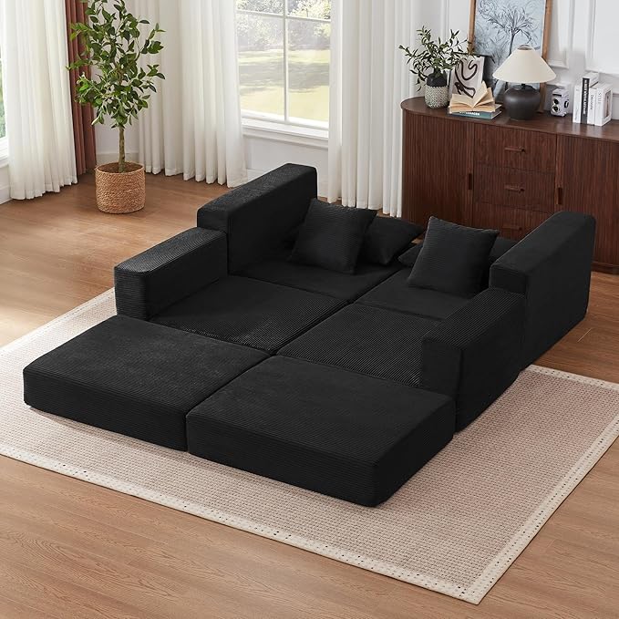 Modular Sectional Sofa with Convertible Sleeper Corduroy Fabric 2-in-1 Couch Bed with Reversible Chaise Adjustable Modular Sofas for Living Room Black