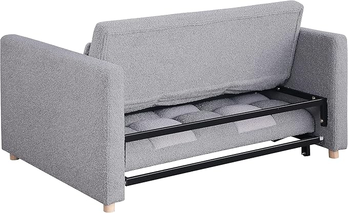 Sleeper Loveseat Pullout Sofa Bed 3 in 1 Convertible Couch Bed Pull Out Sofabed with 2 Pillows Adjustable Backrest Teddy Fabric Grey