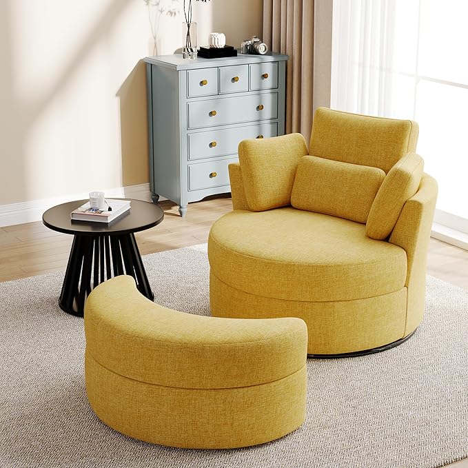 Swivel Accent Barrel Chairs with Storage Ottoman Chaise Lounge Indoor with Removable Headrest Oversized Sofa Chair for Living Room Chenille Mustard