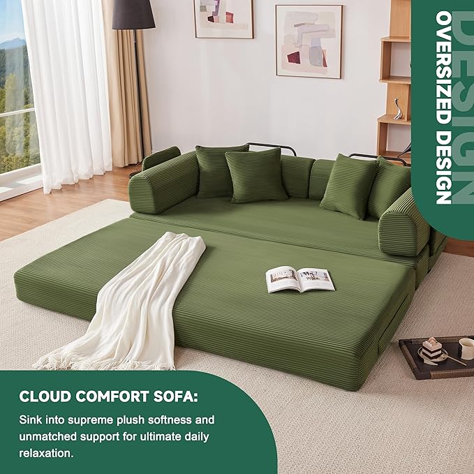 79 Oversized Boneless Couch with 4 Pillows5 in 1 Convertible Sleeper Futon Sofa Bed with Deep SeatCorduroy Foldable Modular Floor Pull Out Couch for Living RoomNo AssemblyGreen
