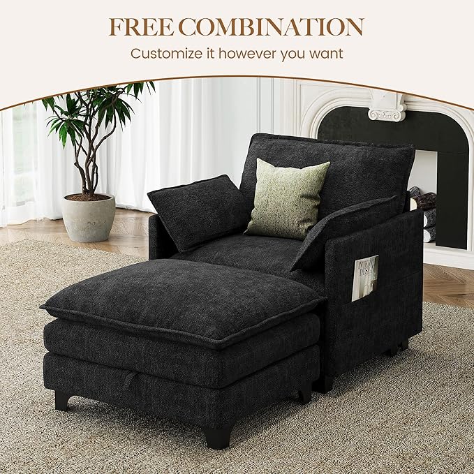 Accent Sofa Chair with Storage Ottoman Cloud Sigle Couch with Side Pocket for Living Room Bedroom and Apartment Dark Grey