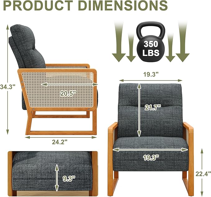 Upholstered Accent Chair Set of 2 Modern Rattan Accent Chair with Ash Wood Legs Comfy Dark Gray Armchair for Living Room