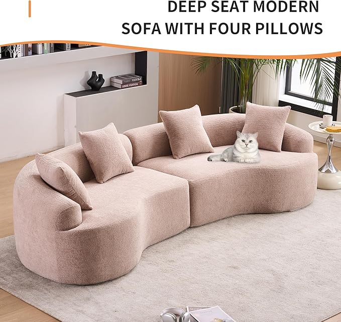 110 Curved Loveseat Sectional Sofa for Living Room Modern Oversized Plush Chenille Cloud Round Deep Seat Compressed Boneless Couch with 4 Throw Pillows for Apartment No Assembly Needed Beige