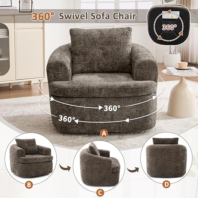 Merax 360° Swivel Sofa Chair Chenille Fabric Accent Barrel Chair 36.6 Swivel Round Chair with Dual-Layer Cushion Design for Living Room Bedroom Office and Hotel Brown