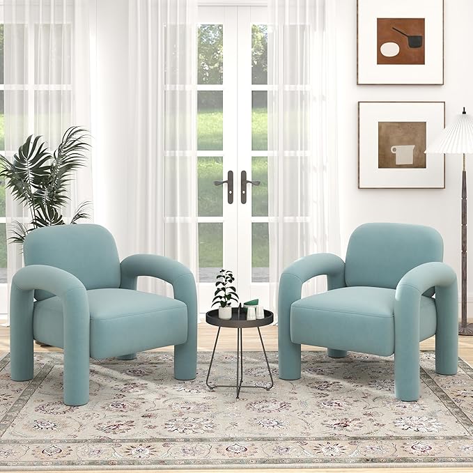 Modern Accent Chair Set of 2 Comfy Velvet Upholstered Armchair Cozy Single Sofa Tufted Barrel Chair Reading Chair for Living Room Bedrooms Corner（Blue）