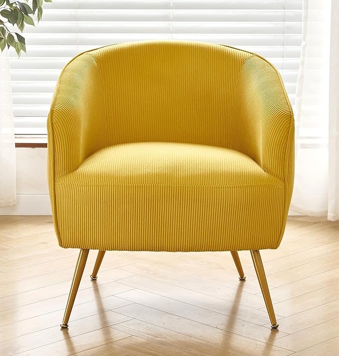 Modern Corduroy Accent Chair with Gold Metal Legs Channel Back Design and Soft Upholstery Comfortable Seating for Living Room Bedroom or Office Yellow