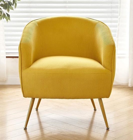 Modern Corduroy Accent Chair with Gold Metal Legs Channel Back Design and Soft Upholstery Comfortable Seating for Living Room Bedroom or Office Yellow
