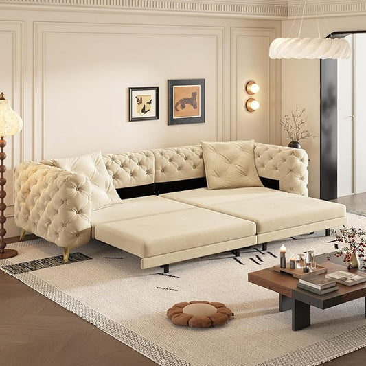 97.7 Convertible Queen Sleeper Sofa with Ottoman - Button Tufted Pull Out Sofa Bed Velvet King Size Couch Bed &amp Vintage Deep Seat 4-Seater Couch for Small Spaces Apartment &amp Living Room Ap