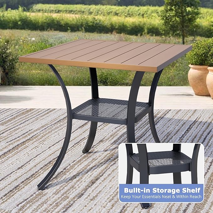 27.6 Square Outdoor Patio Table All-Weather Metal Patio Table with Storage ShelfOutdoor Dining Table for Lawn Garden Porch Walnut
