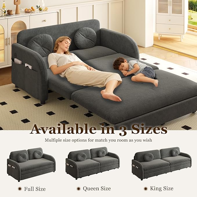 52.4'' Pull Out Couch Full-Size Futon Sofa Bed Convertible Sleeper Sofa Bed with USB Port Storage Pockets 2 Pillows Modern Chenille Loveseat Couches for Small Space Living Room Grey