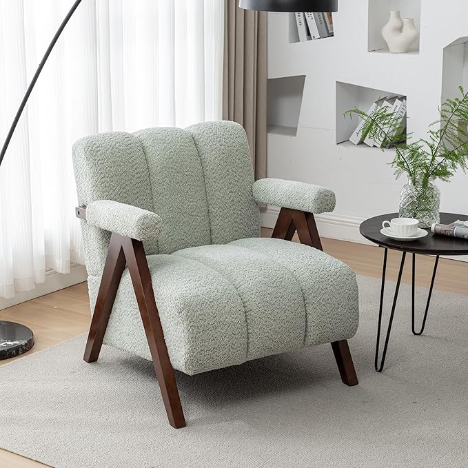 Mid Century Modern Accent Chair with Solid Wood Frame Boucle Upholstered Living Room Chairs with Thick Cushion Comfy Tufted Arm Chair for Bedroom Sage