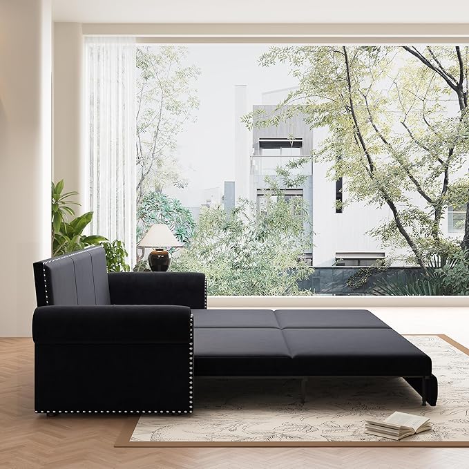93.7 King Size Pull Out Sofa Bed with Waist Pillows 3 in 1 Convertible Sleeper Sofa Bed Couch Velvet 3-Seater Chesterfield Sofa with Nailhead Trim for Living Room Black