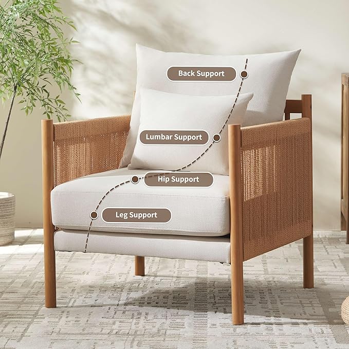 VKNOW Braid Armchair Boho Accent Chair with Solid Wooden Backrest and Armrest Rattan Chair with Waist Pillow for BedroomLiving RoomReading Room Beige