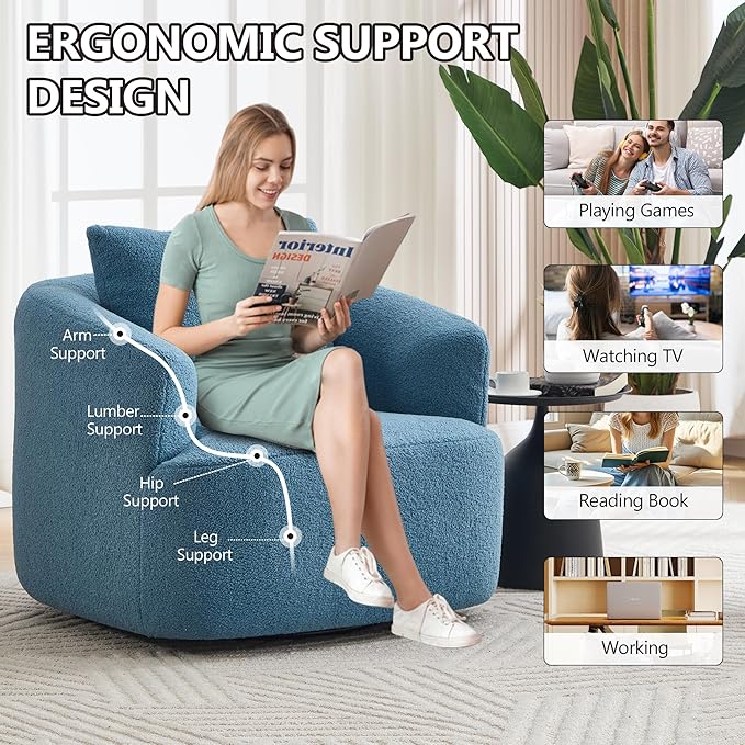 Swivel Accent Chair 360° Rotating Barrel Chair with Teddy Fleece Upholstery &amp High-Resilience Sponge Cushion Easy Assembly Single Sofa for Living Room Bedroom or Apartment (Blue)