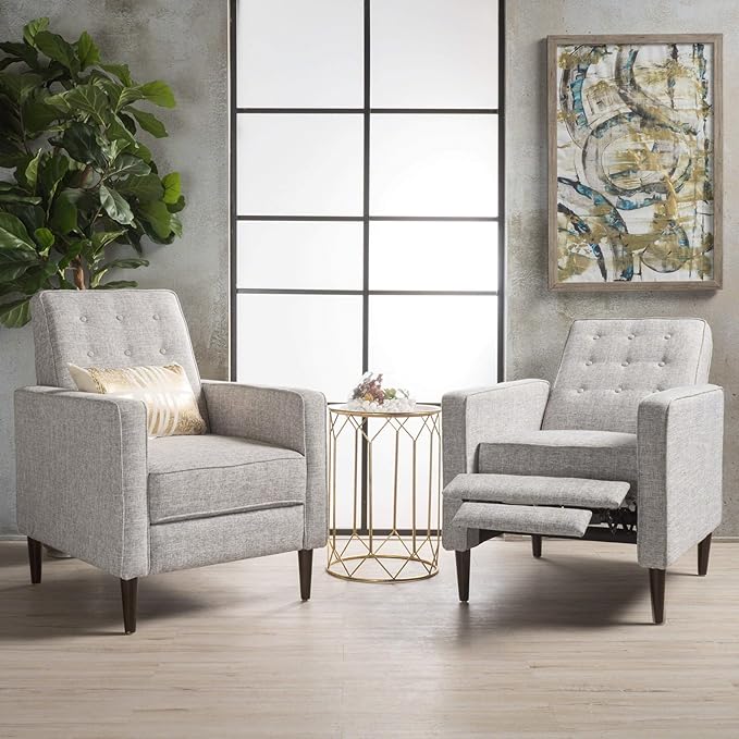 Christopher Knight Home Mervynn Mid-Century Modern Fabric Recliners 2-Pcs Set Light Grey Tweed