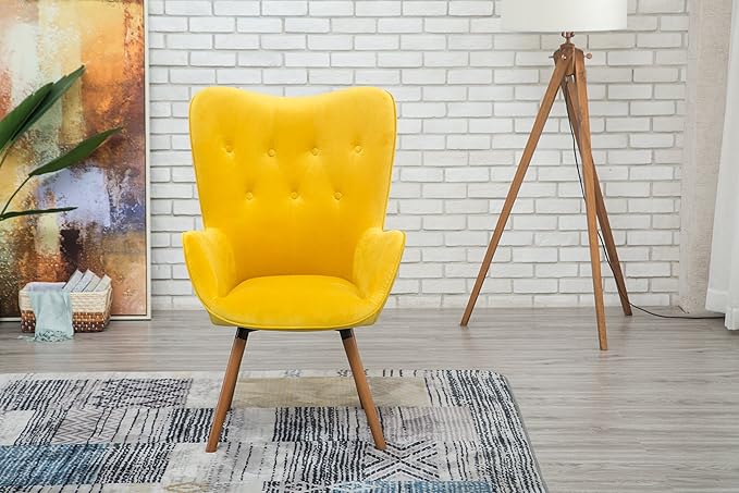 Roundhill Furniture AC155YL Doarnin Silky Velvet Tufted Button Accent Chair Yellow 30D x 41.5W x 26.8H in
