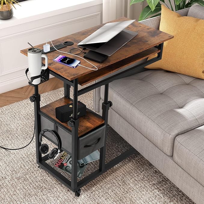 FAHKNS Adjustable C Table with Charging Station Tiltable Desk C Shaped End Table for Couch Over Bed Table with Wheels Adjustable Height Hospital Laptop Stand Drawing Desk